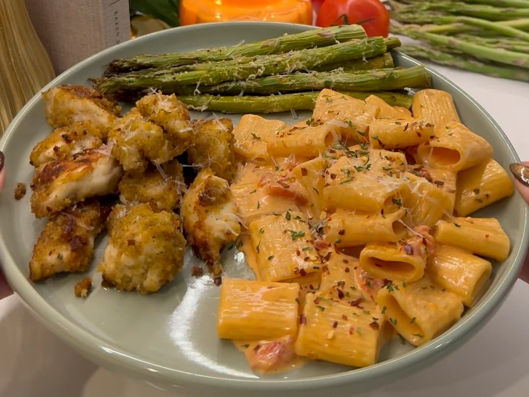 Spicy Rigatoni with Parmesan-Crusted Chicken Bites — finished dish