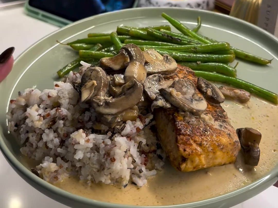 Creamy Mushroom Smothered Salmon Over Wild Rice — finished dish